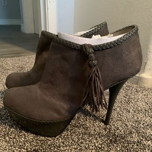 NEW Grey Suede Tassel Stiletto Booties